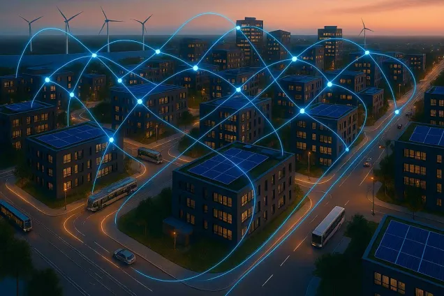 AI-bild över en stad som ska symoblisera elektrifiering. Illustration.