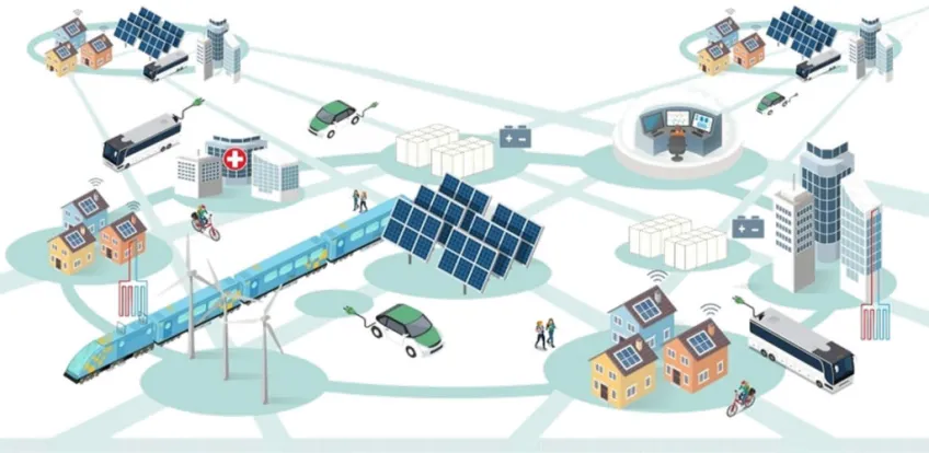 Infrastruktur som är beroende av elektricitet i ett samhälle. Illustration. 